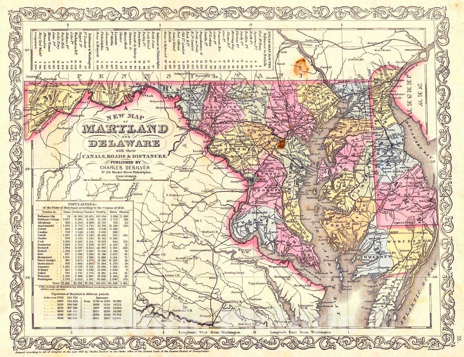 Historic Map : 1857 A New Map of Maryland and Delaware with their Canals, Roads, and Distances : Vintage Wall Art
