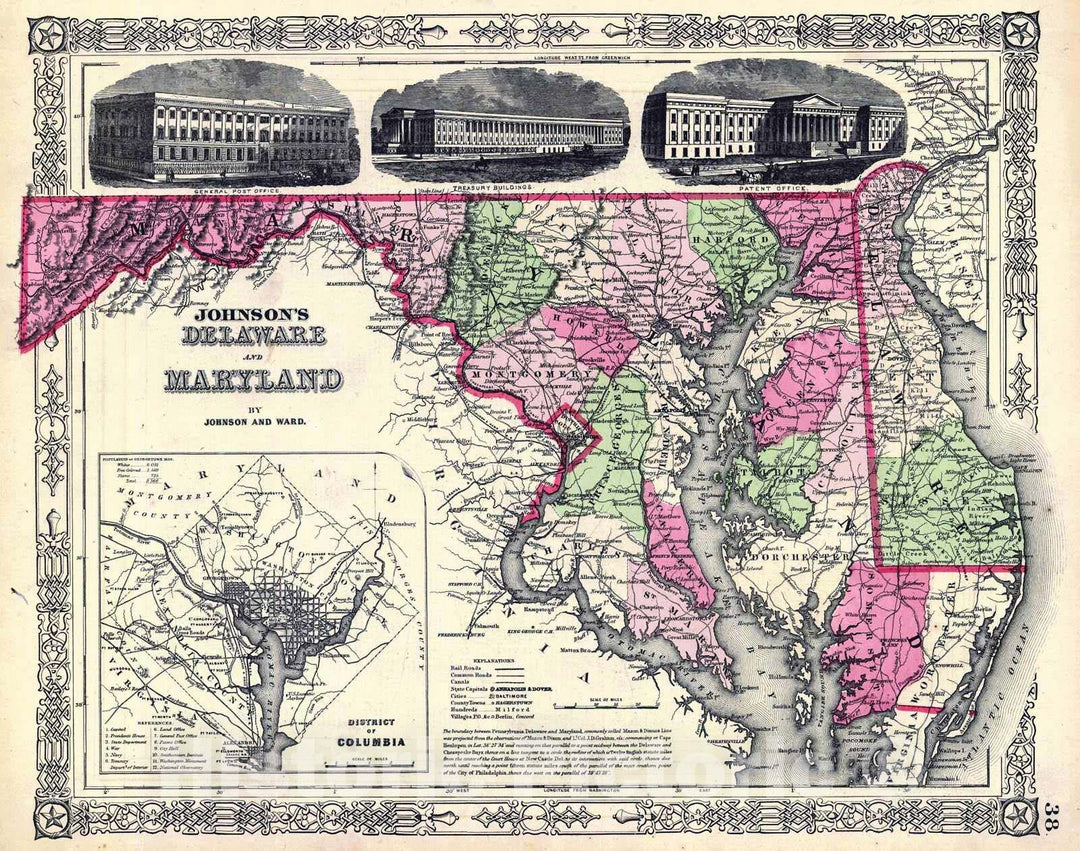 Historic Map : 1864 Johnson's Delaware and Maryland : Vintage Wall Art