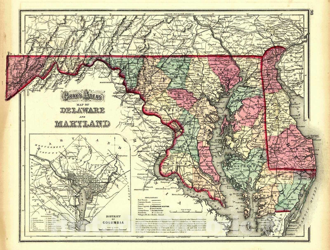 Historic Map : 1873 Delaware and Maryland : Vintage Wall Art