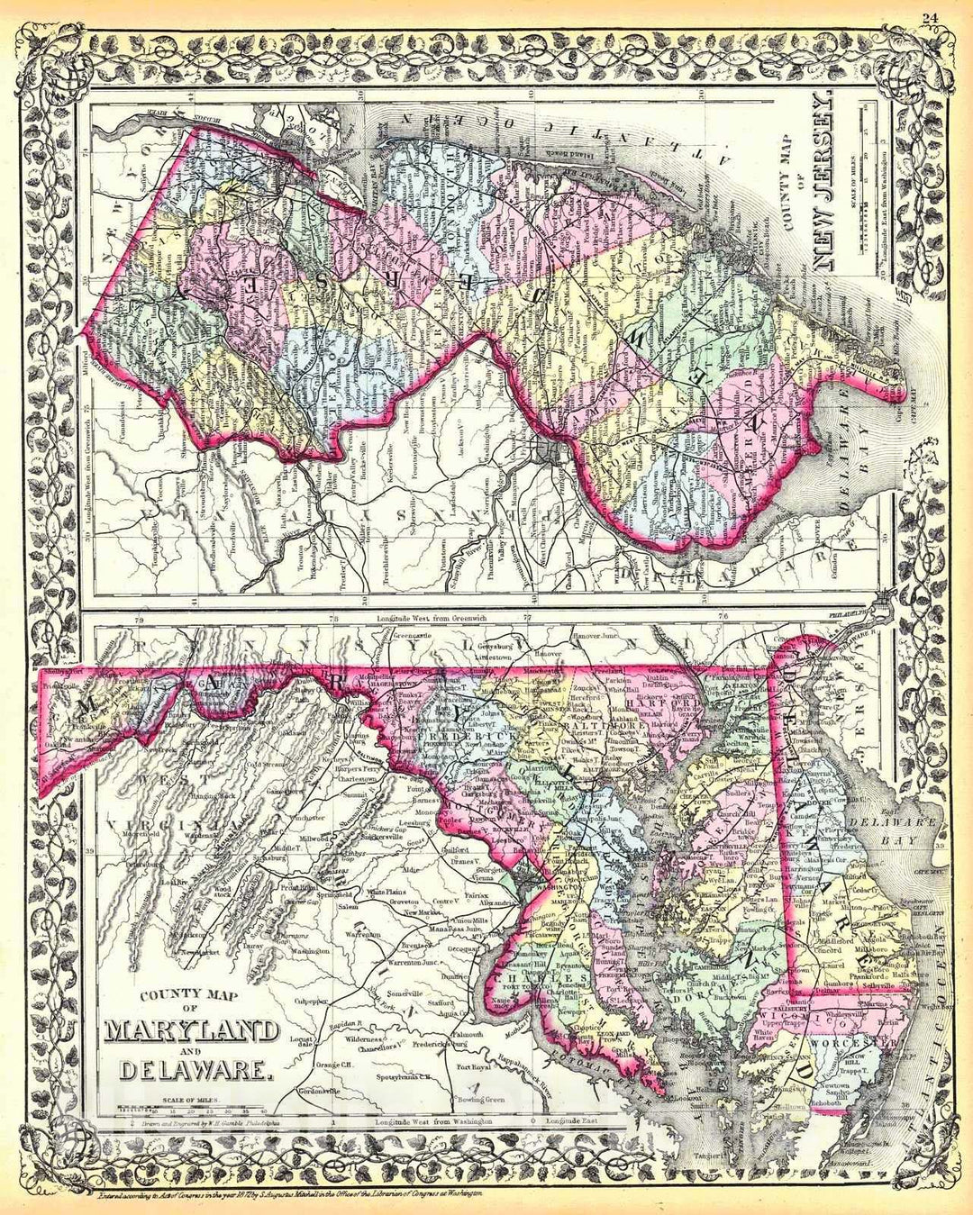 Historic Map : 1874 County Map of Maryland and Delaware : Vintage Wall Art