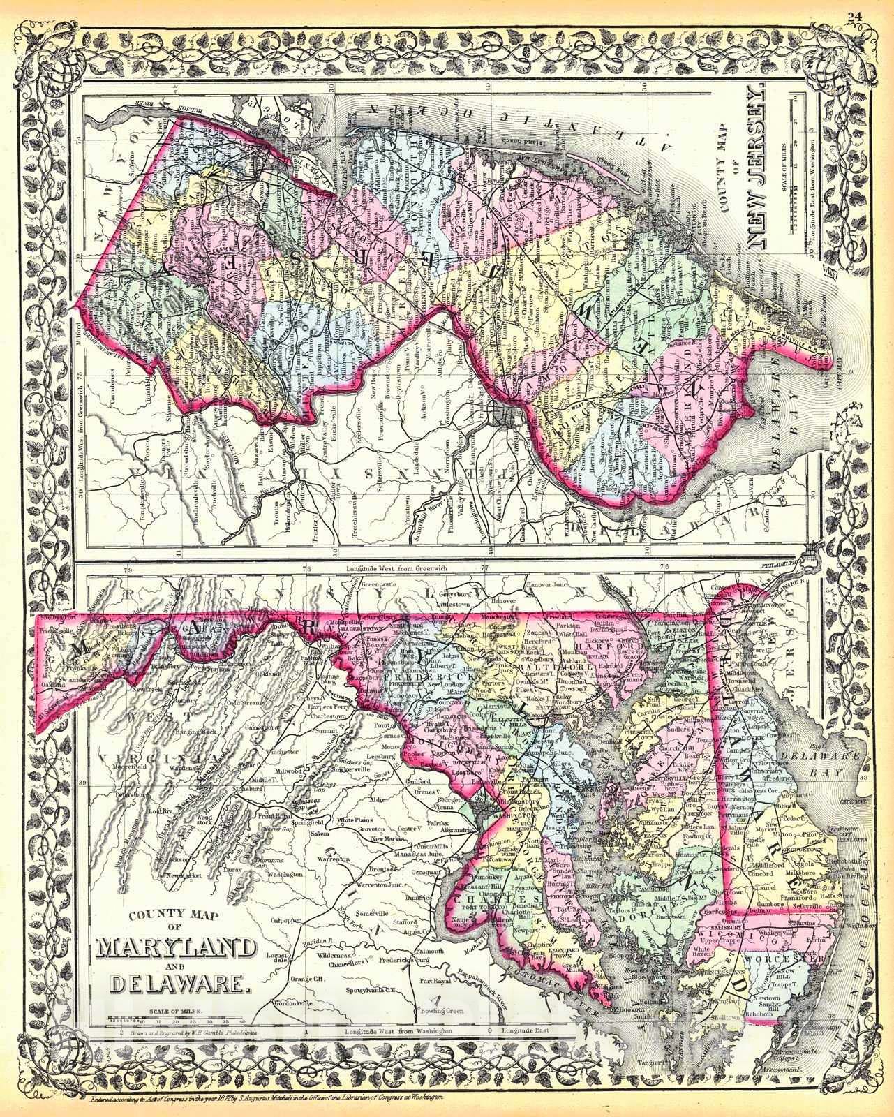 Historic Map : 1874 County Map of Maryland and Delaware : Vintage Wall Art