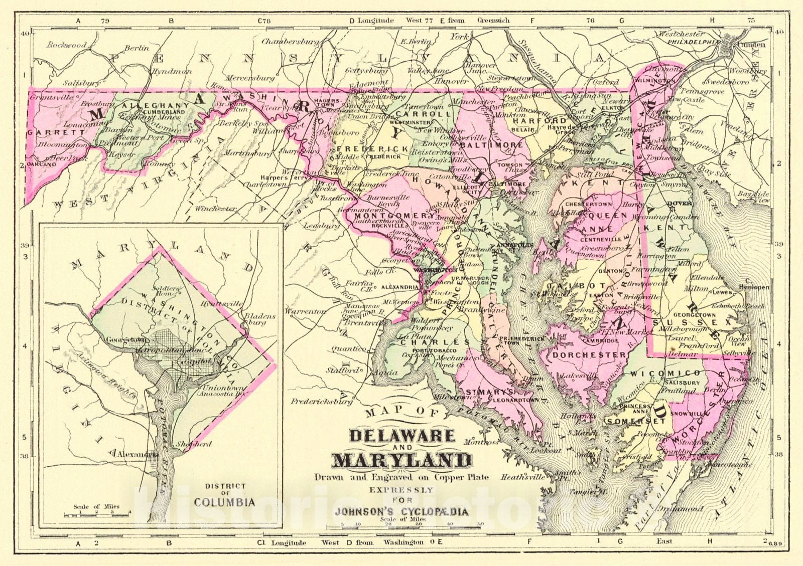 Historic Map : 1888 Map of Maryland and Delaware : Vintage Wall Art