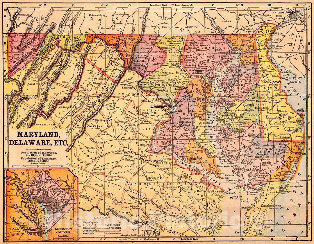 Historic Map : 1892 Maryland, Delaware, etc. : Vintage Wall Art
