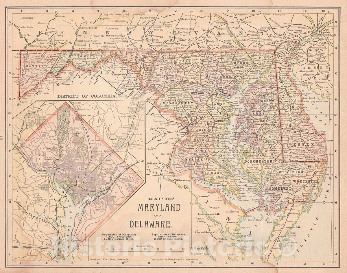 Historic Map : 1898 Map of Maryland and Delaware : Vintage Wall Art