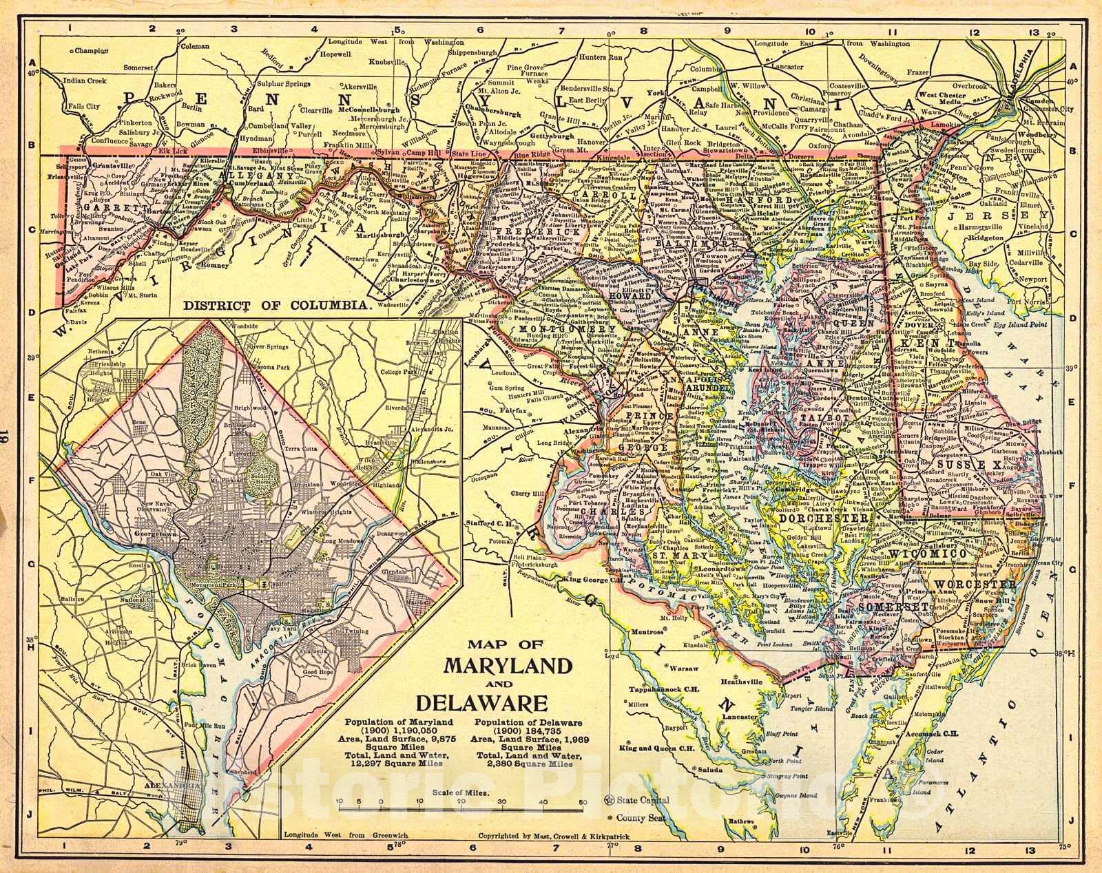 Historic Map : 1902 Map of Maryland and Delaware : Vintage Wall Art