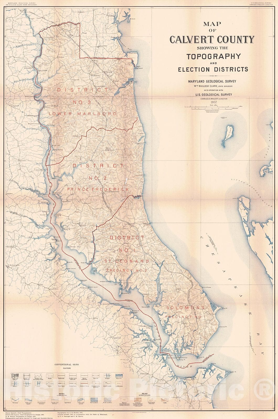 Historic Map : 1902 Map of Calvert County County Showing the Topography and Election Districts : Vintage Wall Art