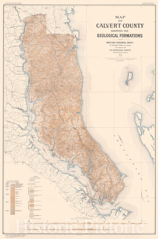 Historic Map : 1903 Map of Calvert County Showing the Geological Formations : Vintage Wall Art