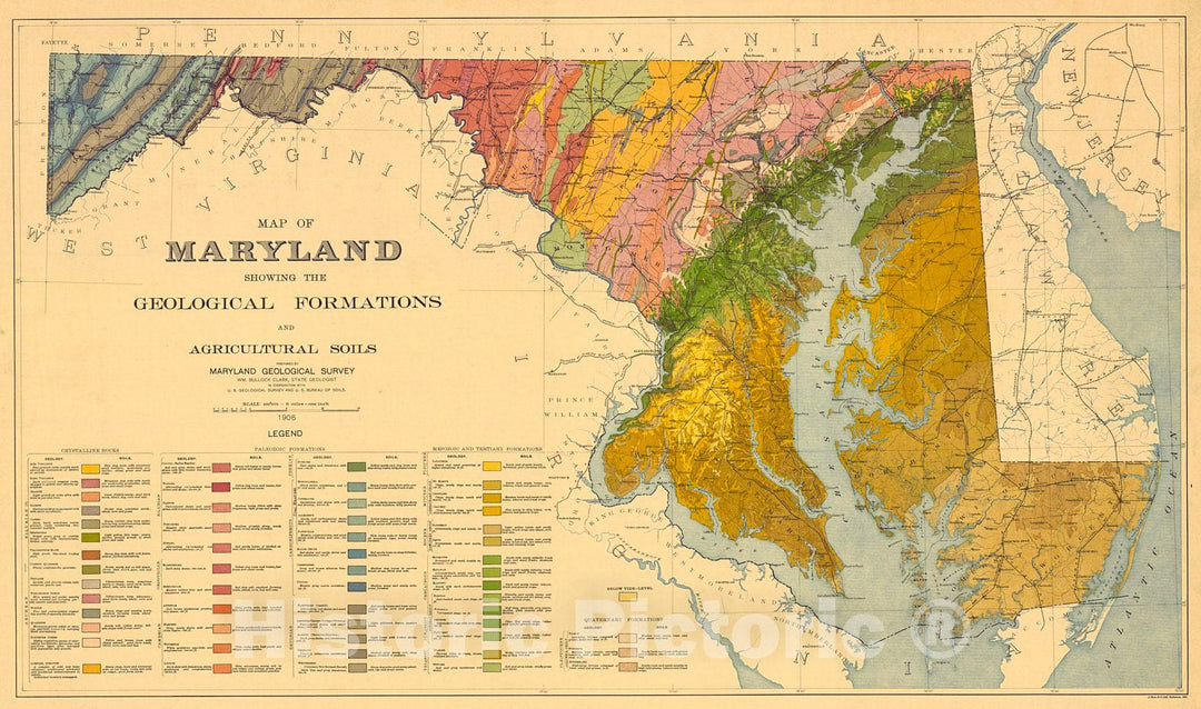 Historic Map : 1906 Map of Maryland showing the Geological Formations and Agricultural Soils : Vintage Wall Art