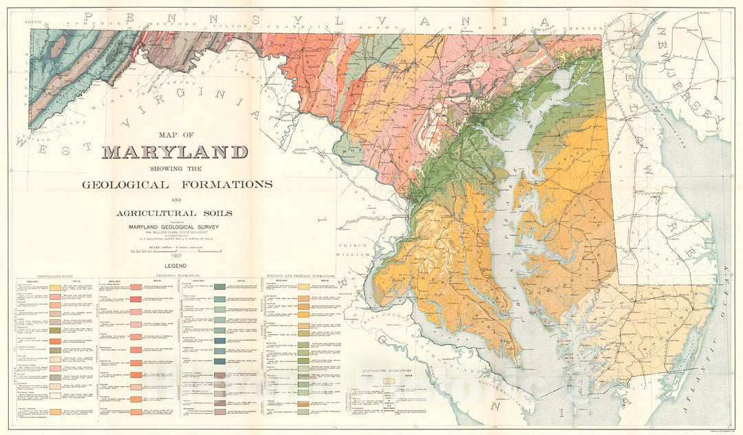 Historic Map : 1907 Map of Maryland Showing the Geological Formations and Agricultural Soils : Vintage Wall Art