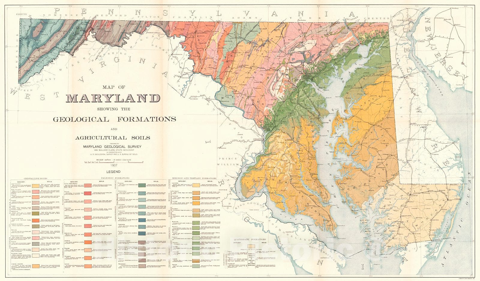 Historic Map : 1907 Map of Maryland Showing the Geological Formations and Agricultural Soils : Vintage Wall Art