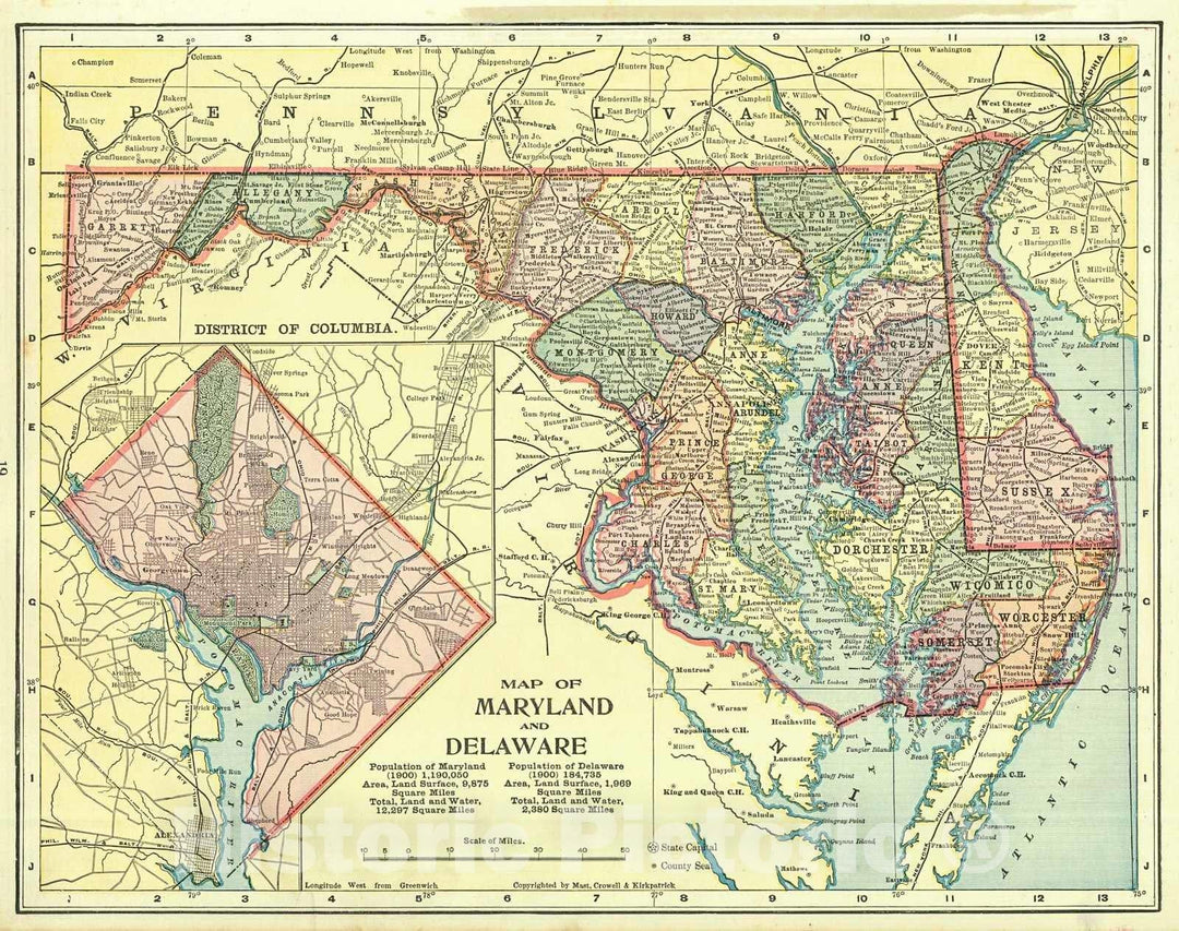 Historic Map : 1908 Maryland and Delaware : Vintage Wall Art