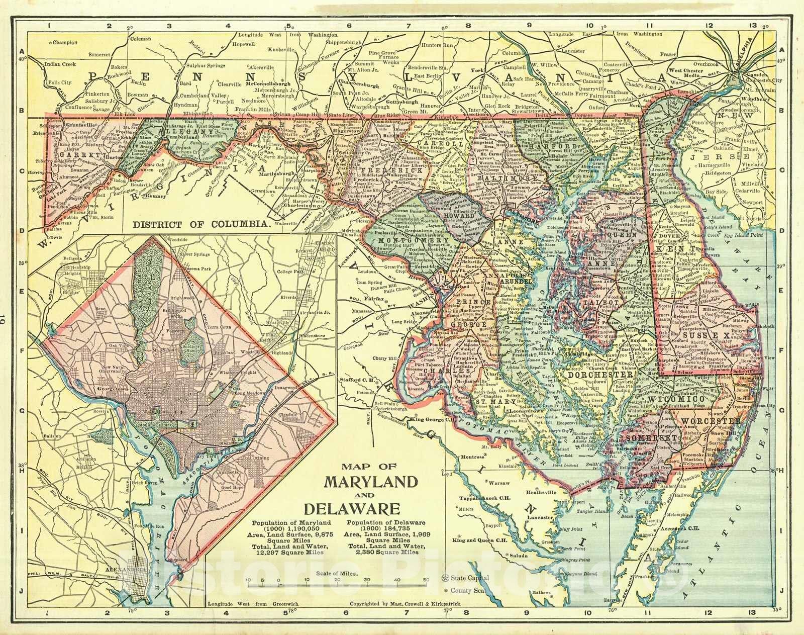 Historic Map : 1908 Maryland and Delaware : Vintage Wall Art