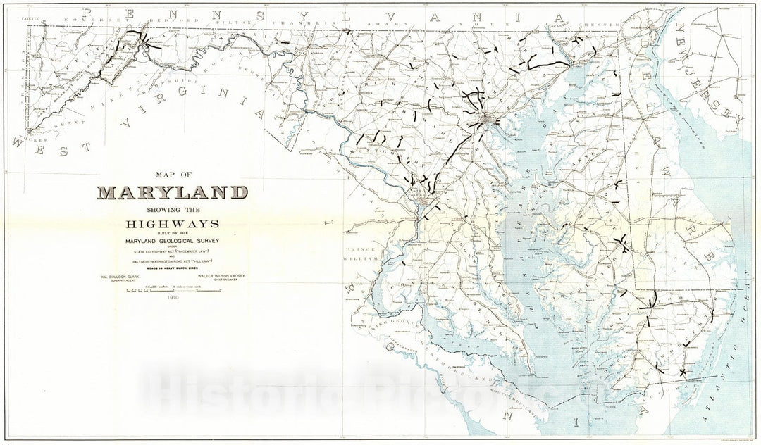 Historic Map : 1910 Map of Maryland Showing the Highways Built by the Maryland Geological Survey : Vintage Wall Art