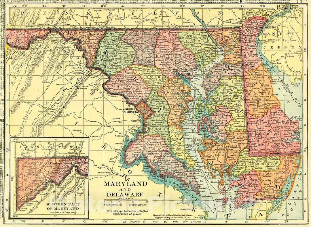 Historic Map : 1911 Maryland and Delaware : Vintage Wall Art
