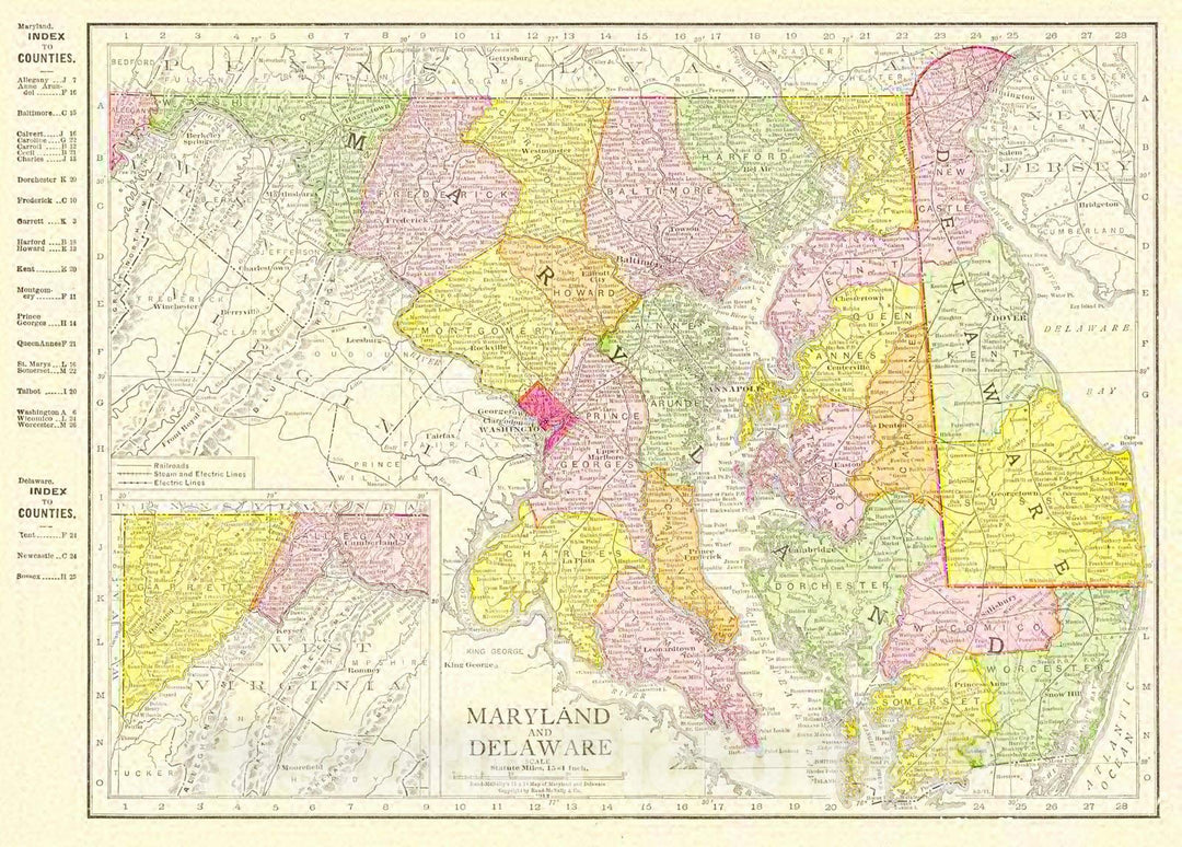 Historic Map : 1913 Rand McNally's New Map of Maryland and Delaware : Vintage Wall Art