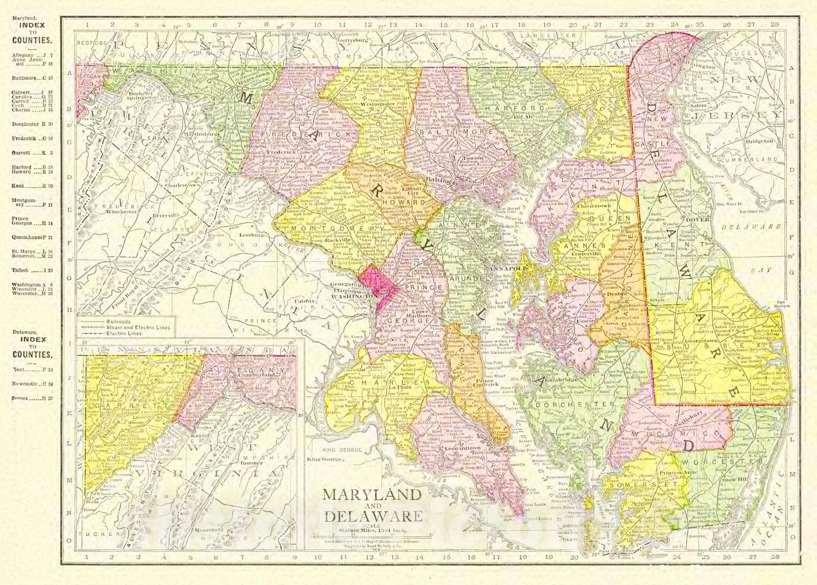 Historic Map : 1913 Rand McNally's New Map of Maryland and Delaware : Vintage Wall Art