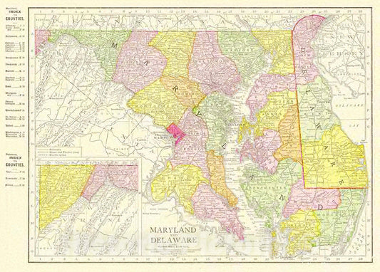 Historic Map : 1913 Rand McNally's New Map of Maryland and Delaware : Vintage Wall Art