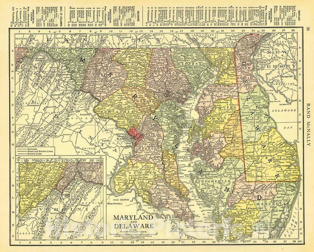 Historic Map : 1916 Maryland and Delaware : Vintage Wall Art