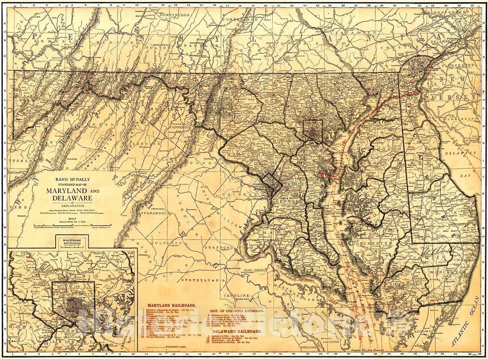 Historic Map : 1921 Maryland and Delaware : Vintage Wall Art