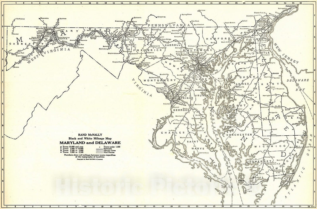 Historic Map : 1921 Maryland and Delaware- Black and White Mileage Map : Vintage Wall Art