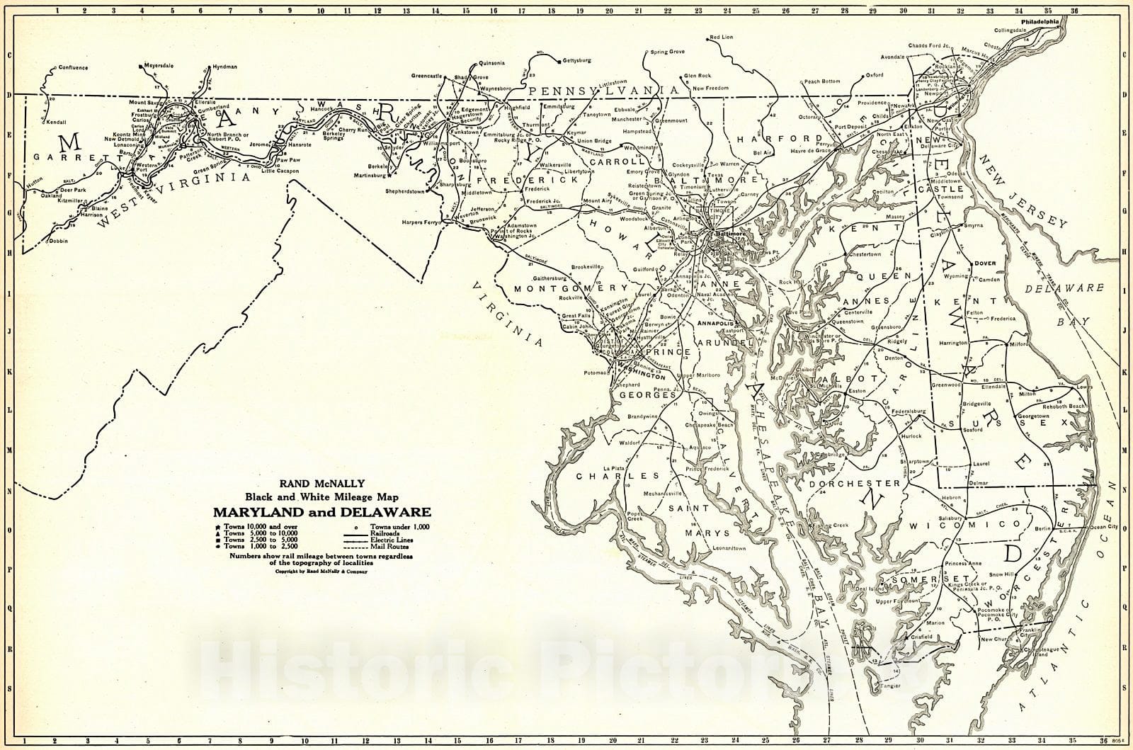 Historic Map : 1921 Maryland and Delaware- Black and White Mileage Map : Vintage Wall Art