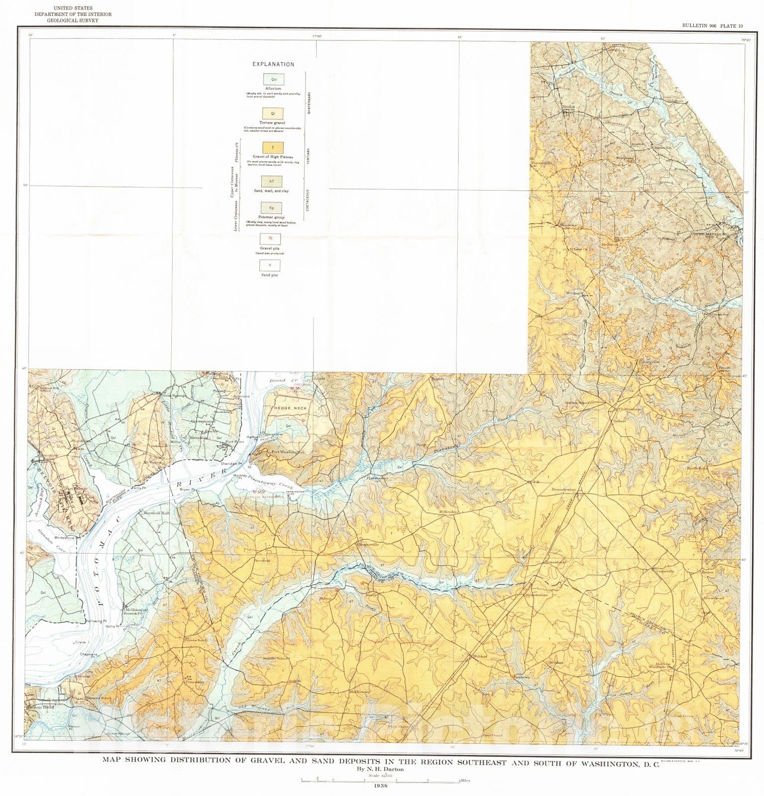Historic Map : 1938 Map showing distribution of gravel and sand deposits in the region southeast and south of Washington, D.C.  : Vintage Wall Art
