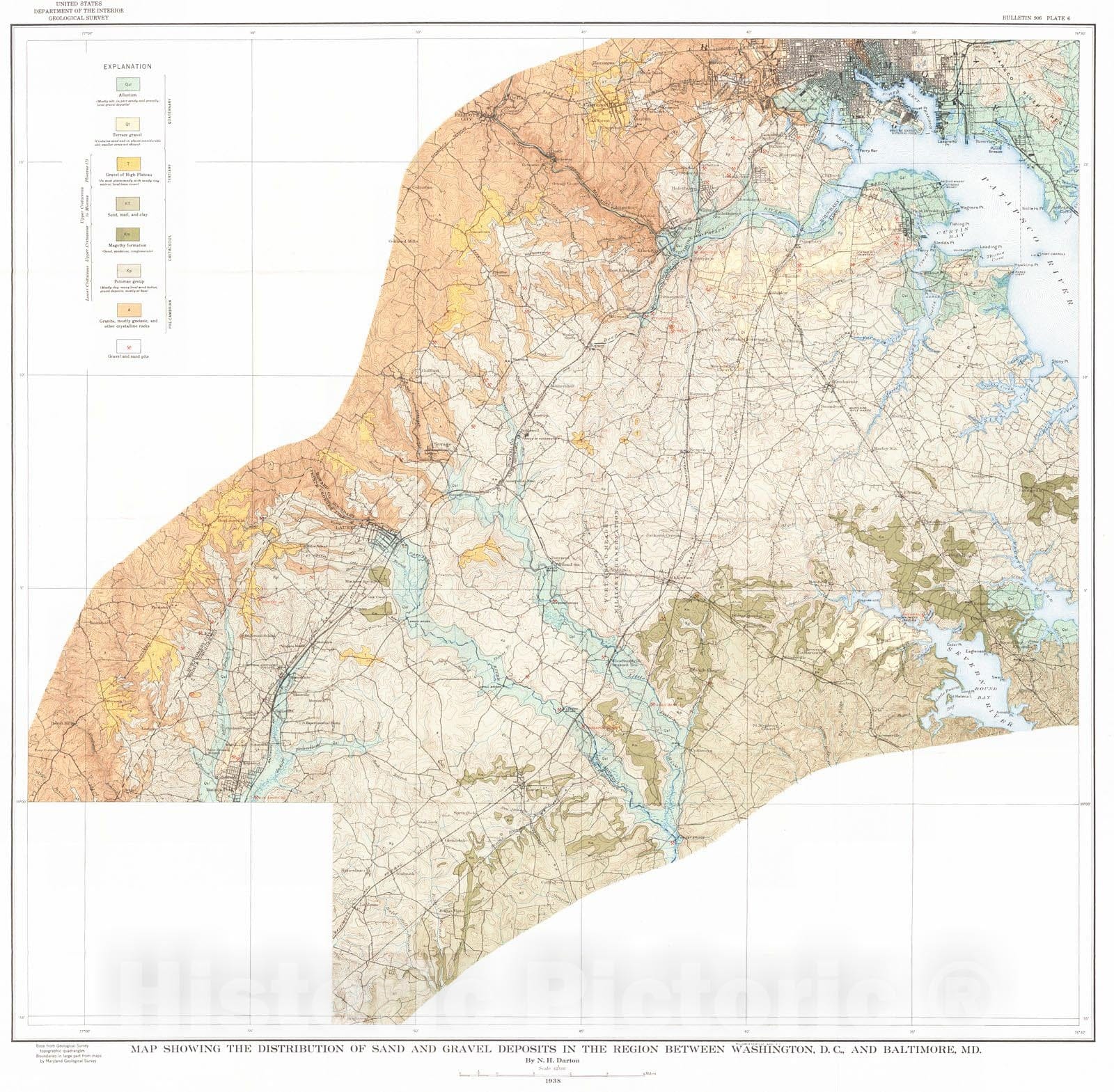Historic Map : 1938 Map showing the distribution of sand and gravel deposits in the region between Washington, D.C. and Baltimore, MD. : Vintage Wall Art