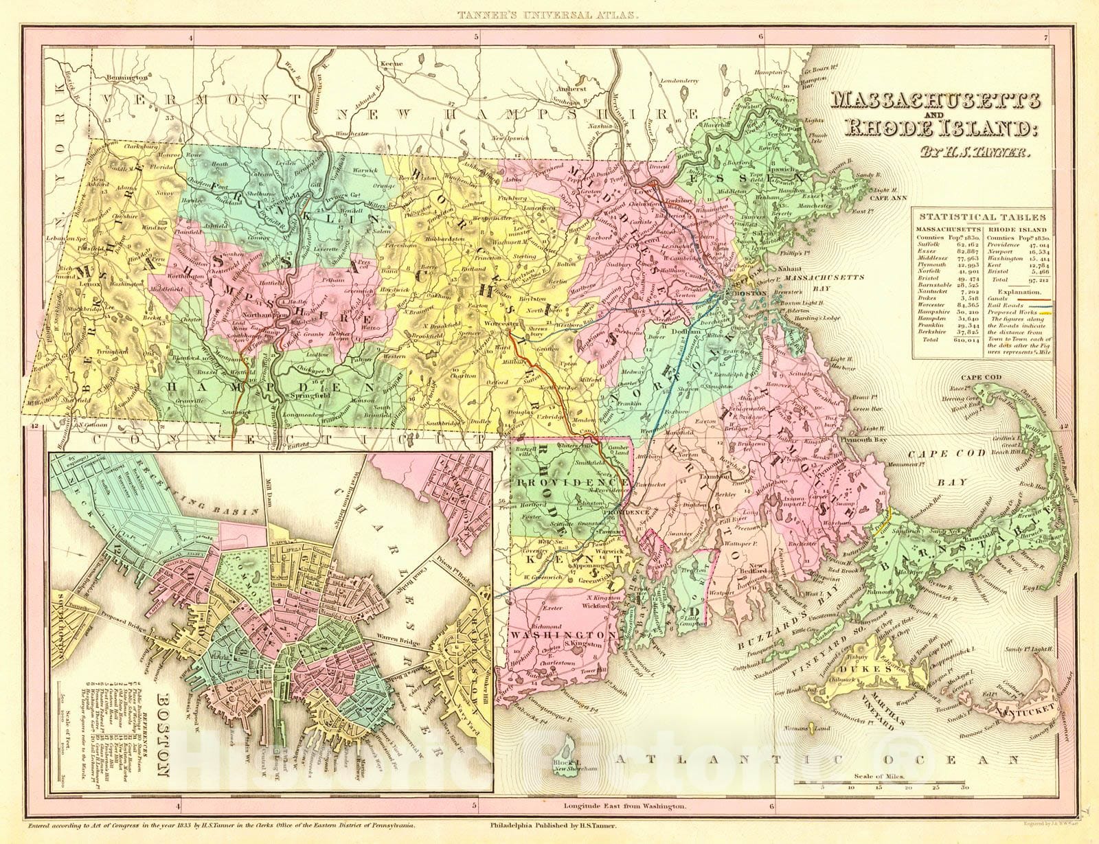 Historic Map : 1833 Massachusetts and Rhode Island: By H.S. Tanner : Vintage Wall Art