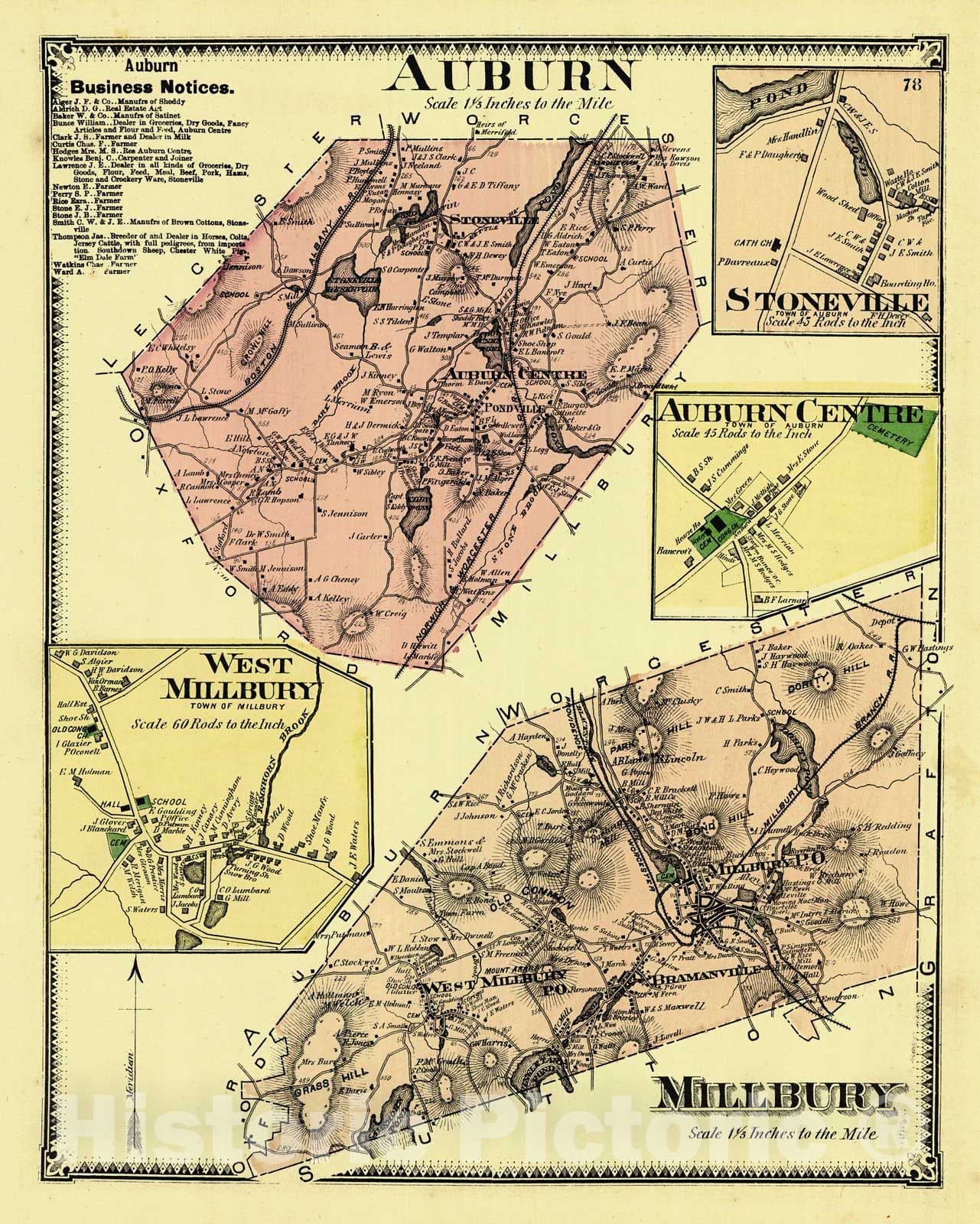 Historic Map : 1870 Auburn, Stoneville, Auburn Centre, Millbury and West Millbury : Vintage Wall Art