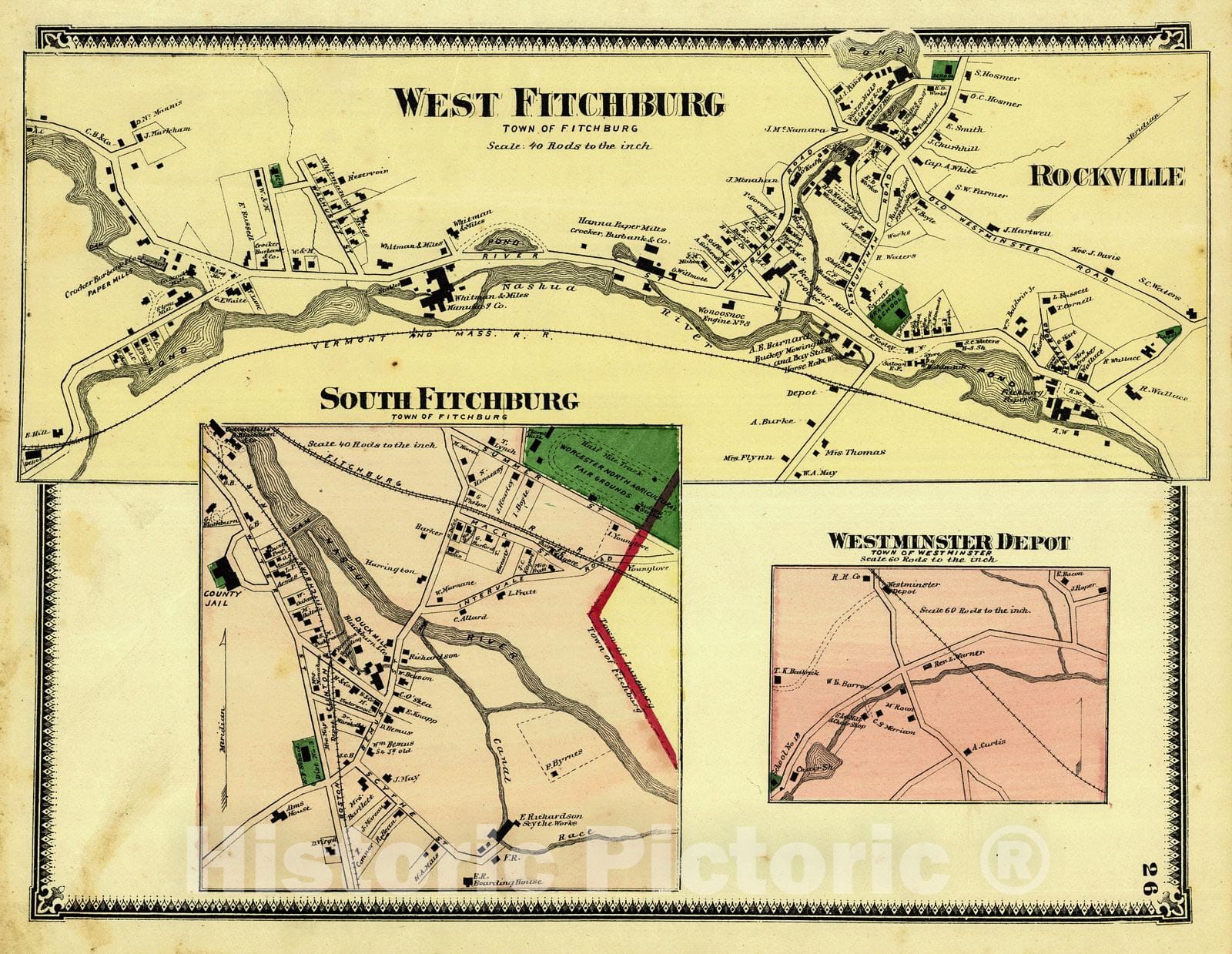 Historic Map : 1870 West Fitchburg, Rockville, South Fitchburg and Westminster : Vintage Wall Art