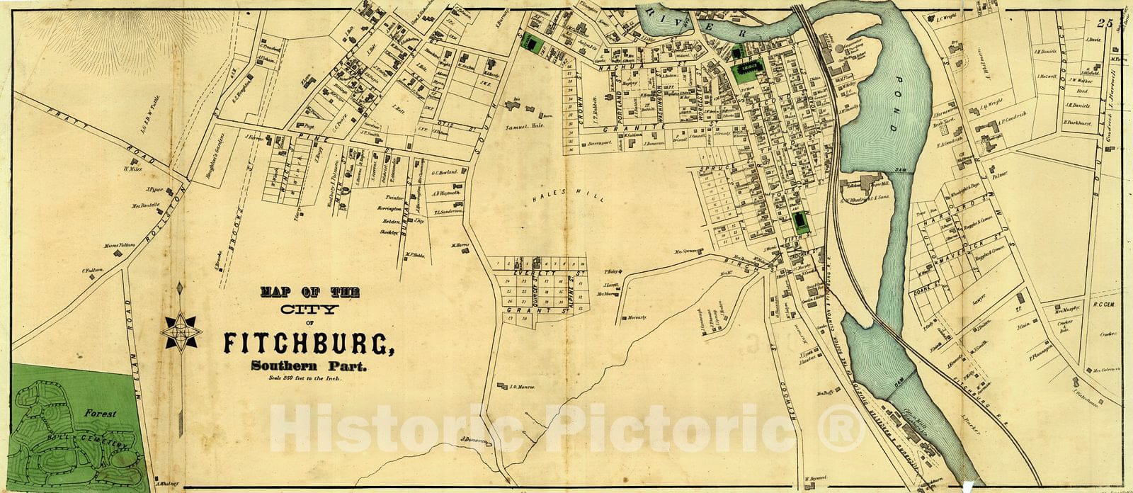 Historic Map : 1870 City of Fitchburg (Southern Part) : Vintage Wall Art