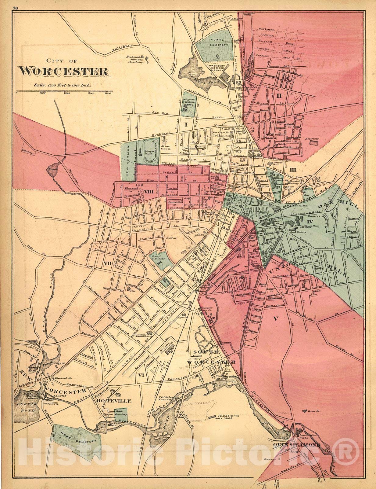 Historic Map : 1871 City of Worchester : Vintage Wall Art