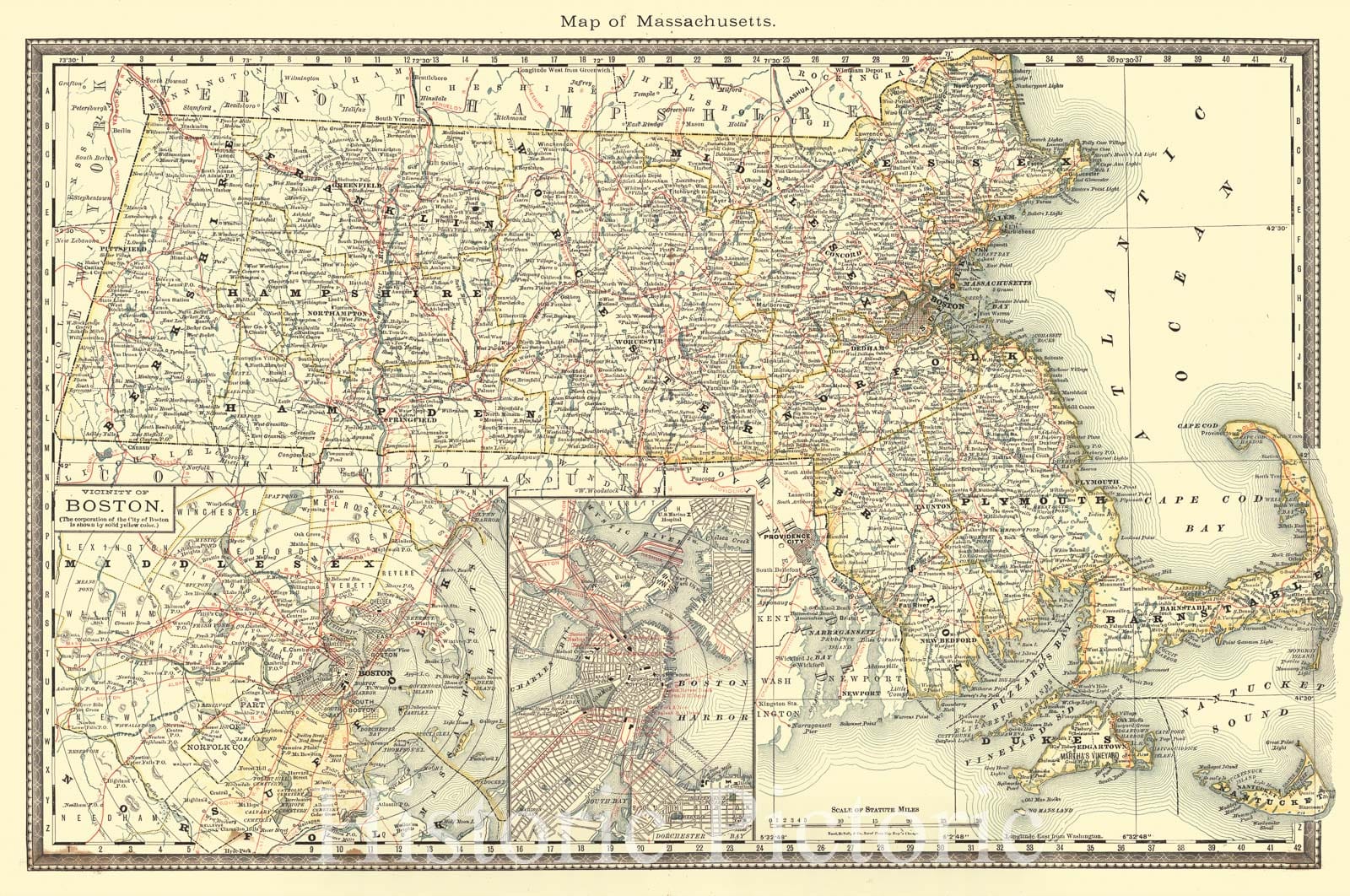 Historic Map : 1883 Map of Massachusetts : Vintage Wall Art