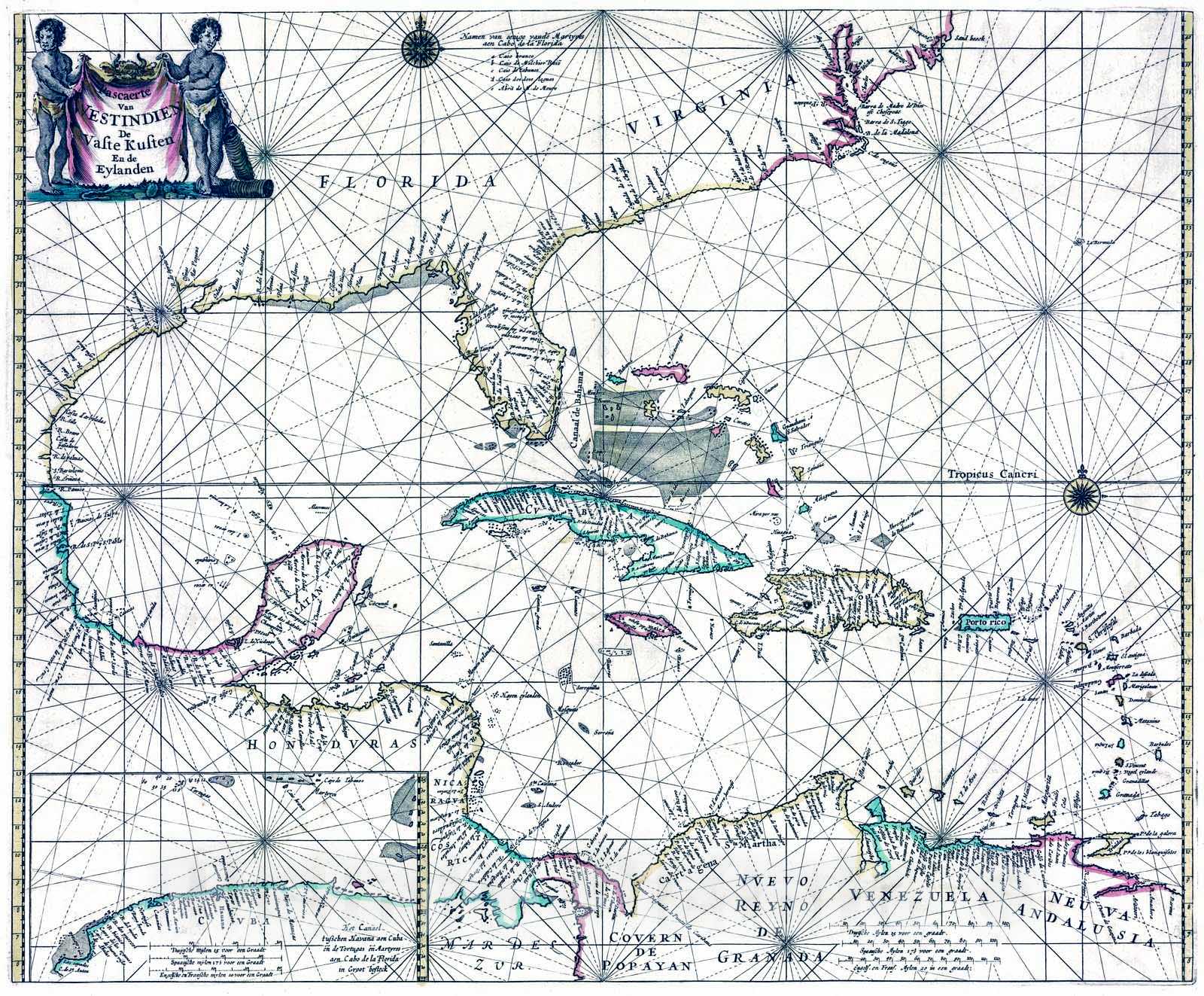 Historic Map : 1670 Pascaerte van Westindian de Vafte Kuften en de Eylanden : Vintage Wall Art