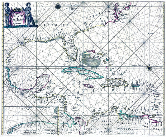 Historic Map : 1670 Pascaerte van Westindian de Vafte Kuften en de Eylanden : Vintage Wall Art