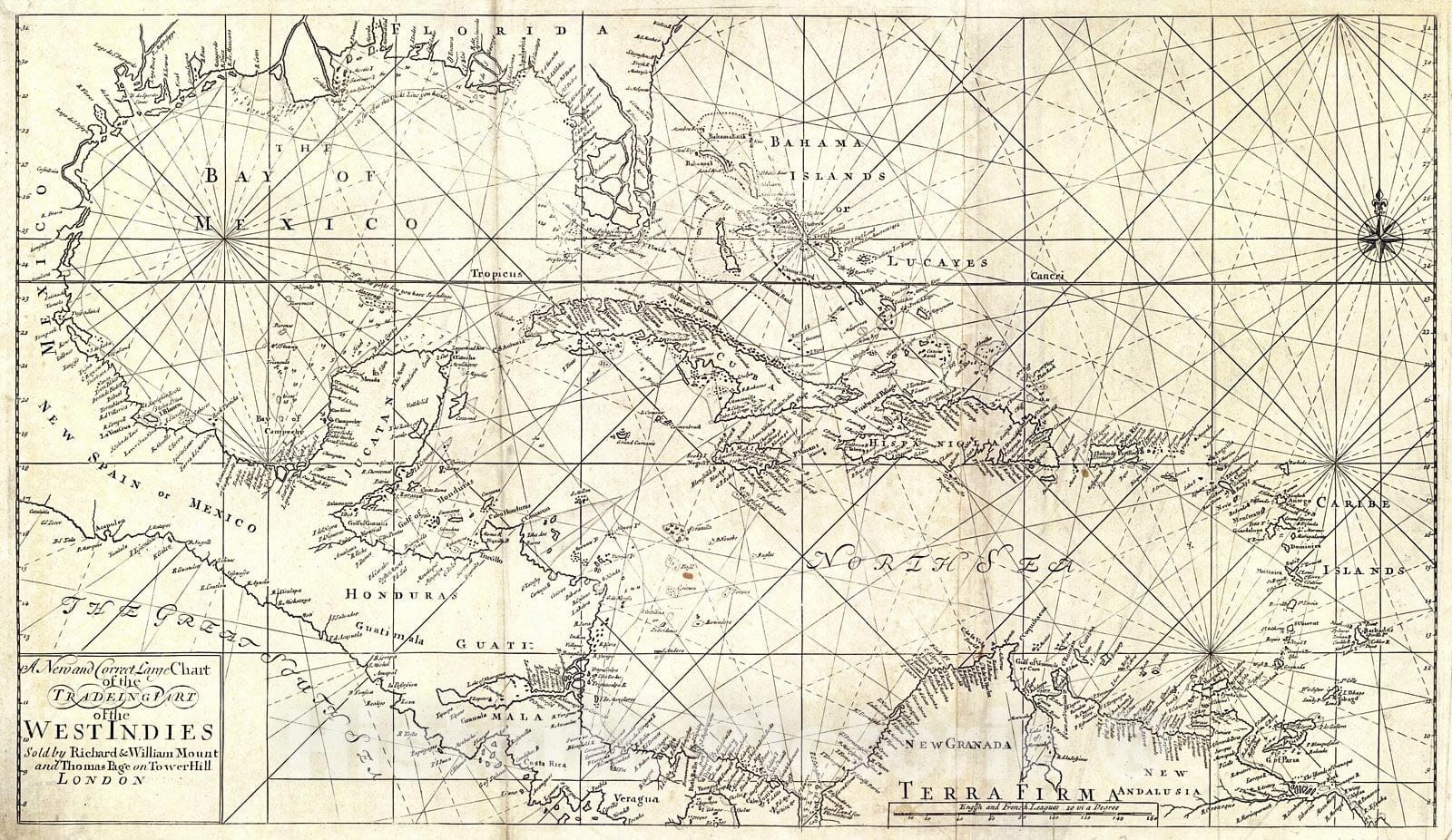 Historic Map : 1728 A New and Correct Large Chart of the Trading Part of the West Indies : Vintage Wall Art