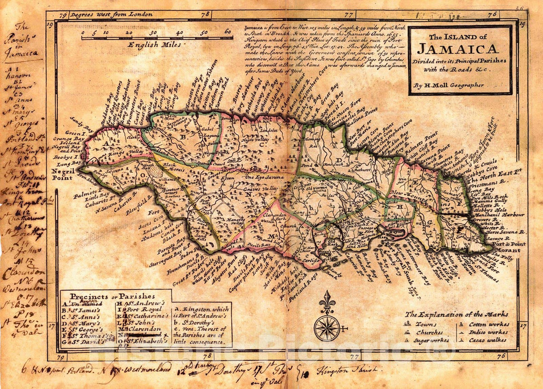 Historic Map : 1732 The Island of Jamaica, divided into its principal parts, with the roads, etc. : Vintage Wall Art