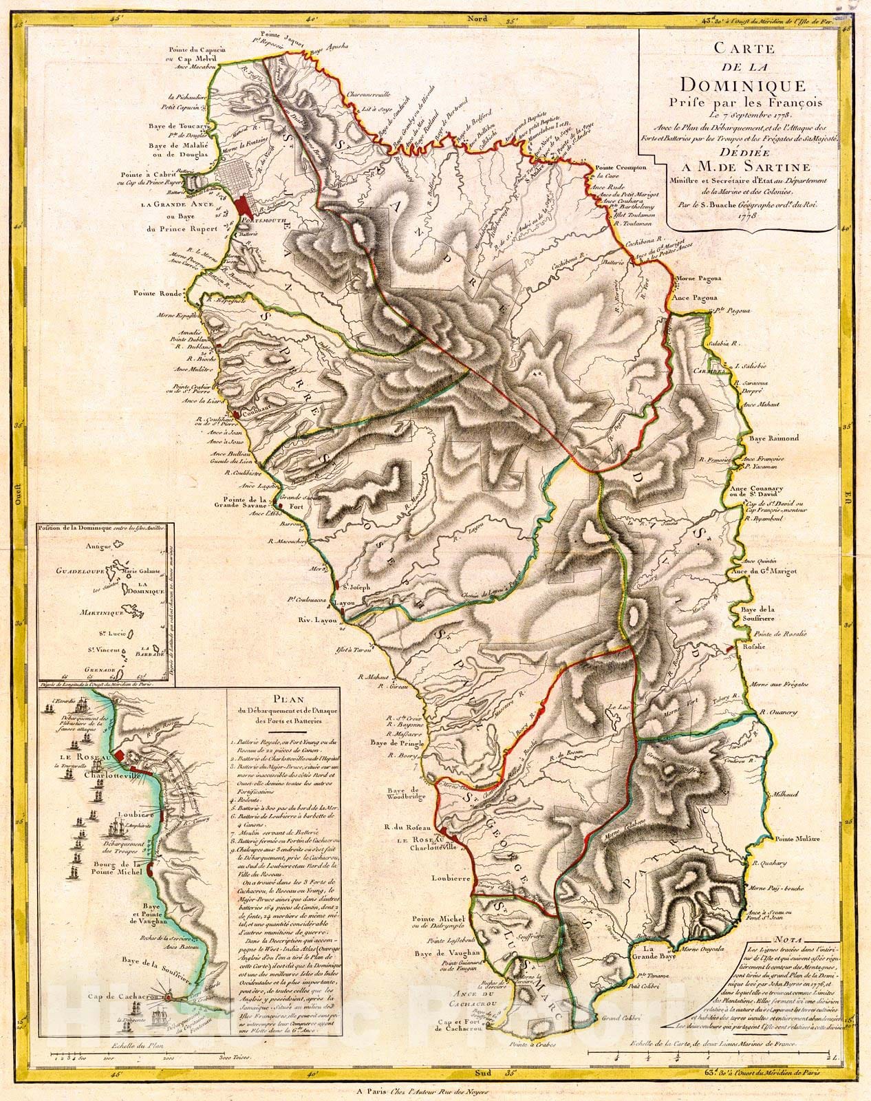 Historic Map : 1778 Carte de la Dominique : Vintage Wall Art