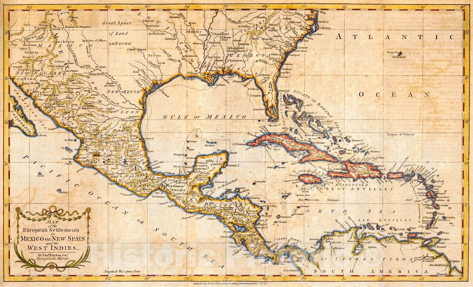 Historic Map : 1783 Map of the European Settlements in Mexico or New Spain and the West Indies : Vintage Wall Art