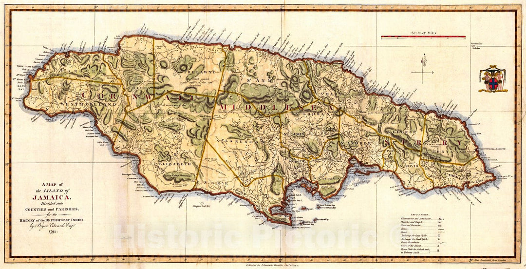 Historic Map : 1794 A Map of the Island of Jamaica : Vintage Wall Art