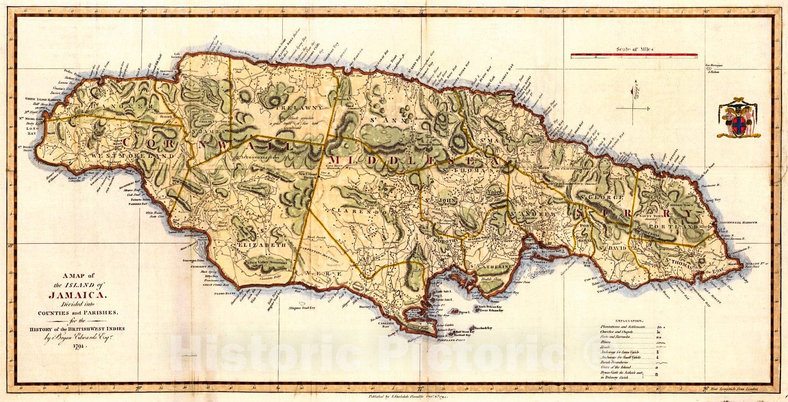 Historic Map : 1794 A Map of the Island of Jamaica : Vintage Wall Art