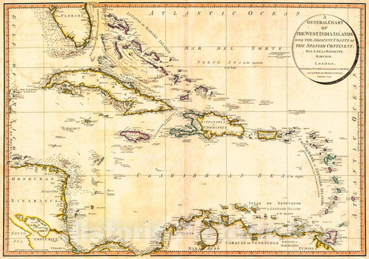 Historic Map : 1796 A General Chart of the West India Islands : Vintage Wall Art