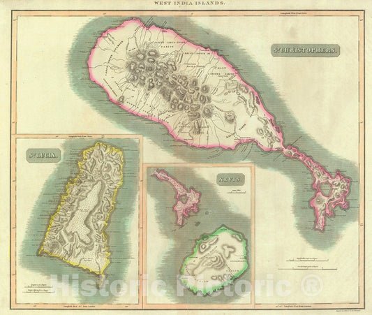 Historic Map : 1814 West India Islands [St. Christophers, St. Lucia, Nevis] : Vintage Wall Art