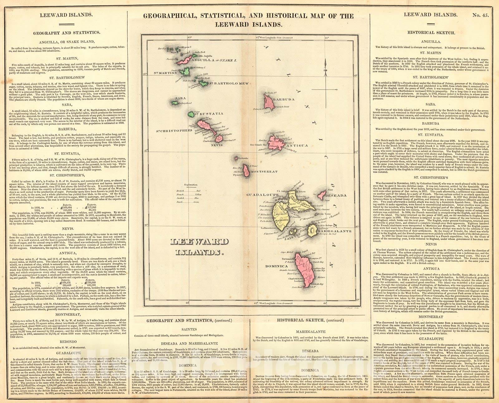 Historic Map : 1825 Geographical, Statistical, and Historical Map of the Leeward Islands : Vintage Wall Art