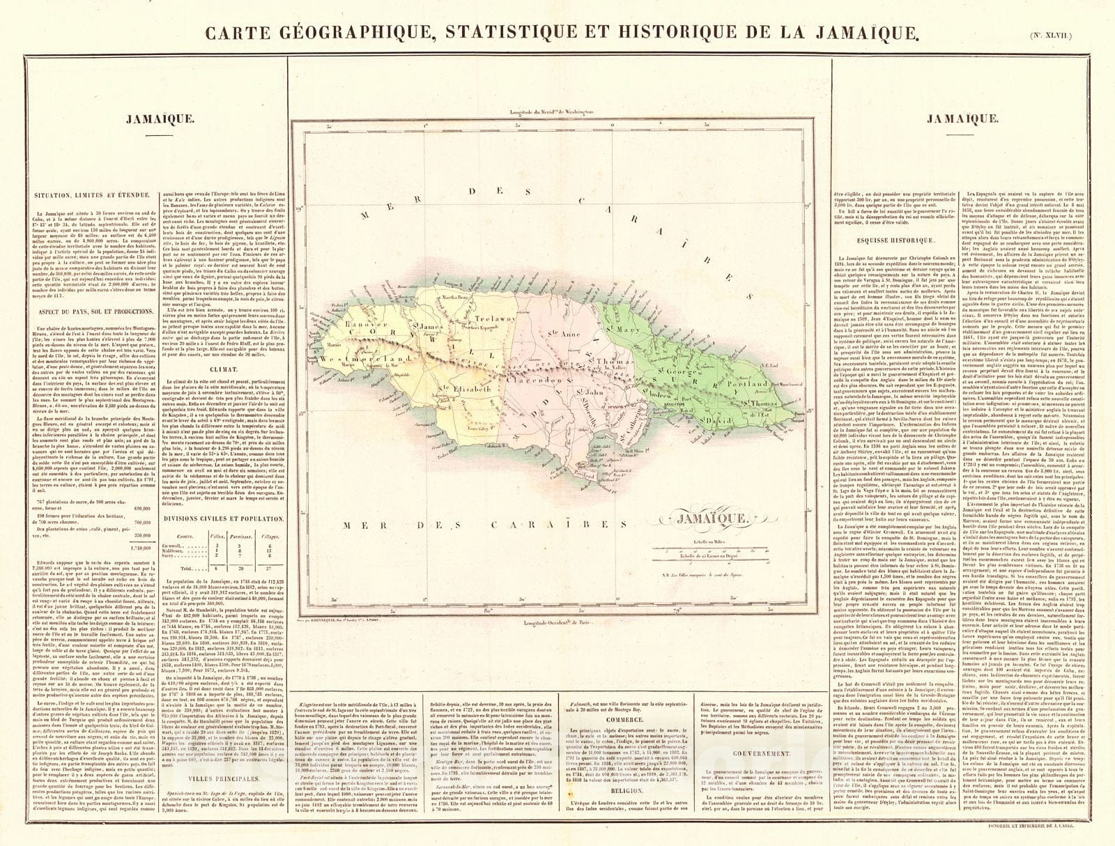 Historic Map : 1825 Carte Geographique, Statistique et Historique de la Jamaique : Vintage Wall Art