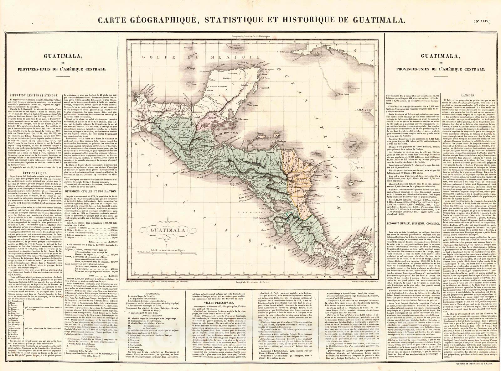 Historic Map : 1825 Carte G&eacute;ographique, Statistique et Historique de Guatemala : Vintage Wall Art