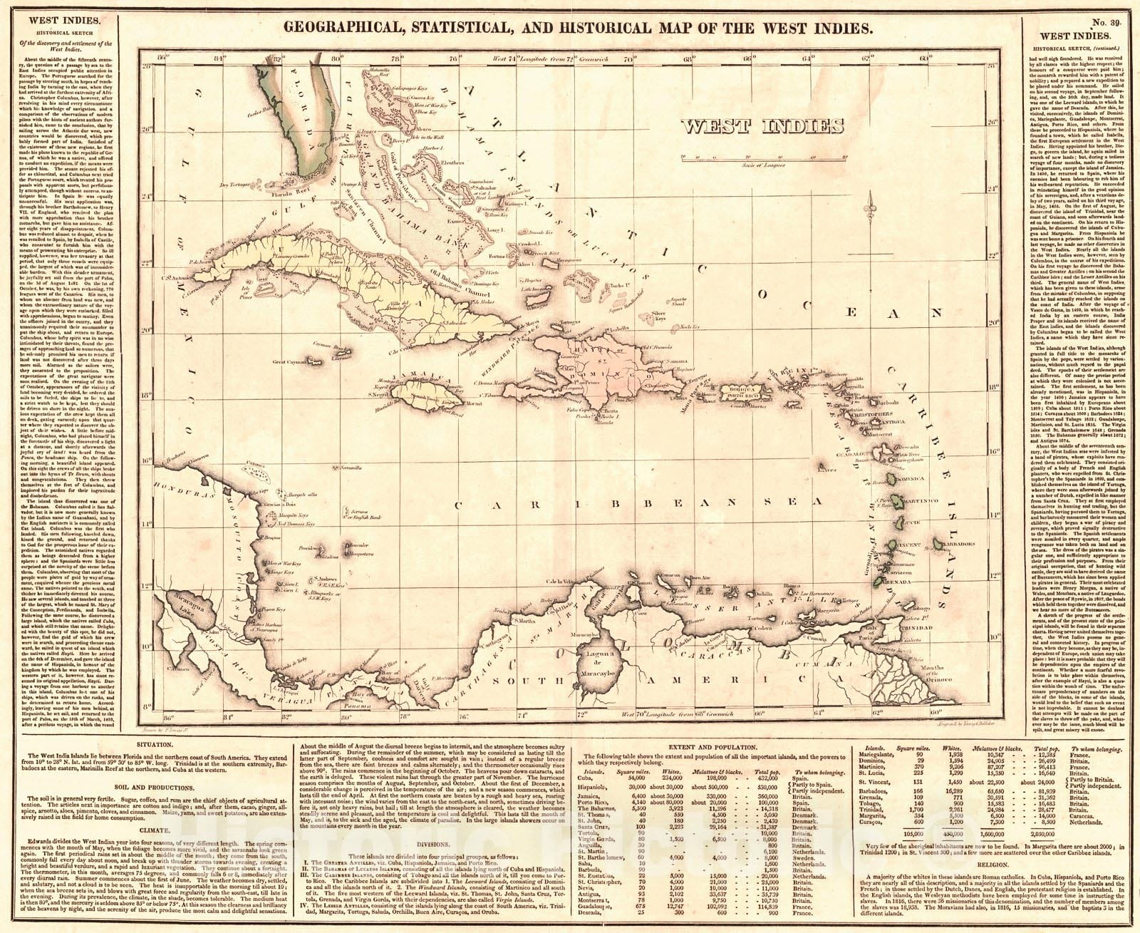 Historic Map : 1826 Geographical, Statistical, and Historical Map of the West Indies : Vintage Wall Art