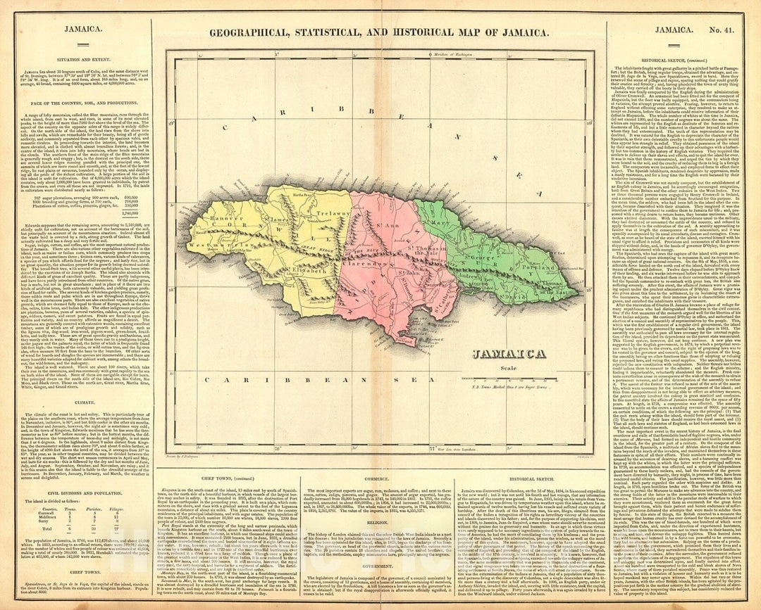 Historic Map : 1827 Geographical, Statistical and Historical Map of Jamaica : Vintage Wall Art