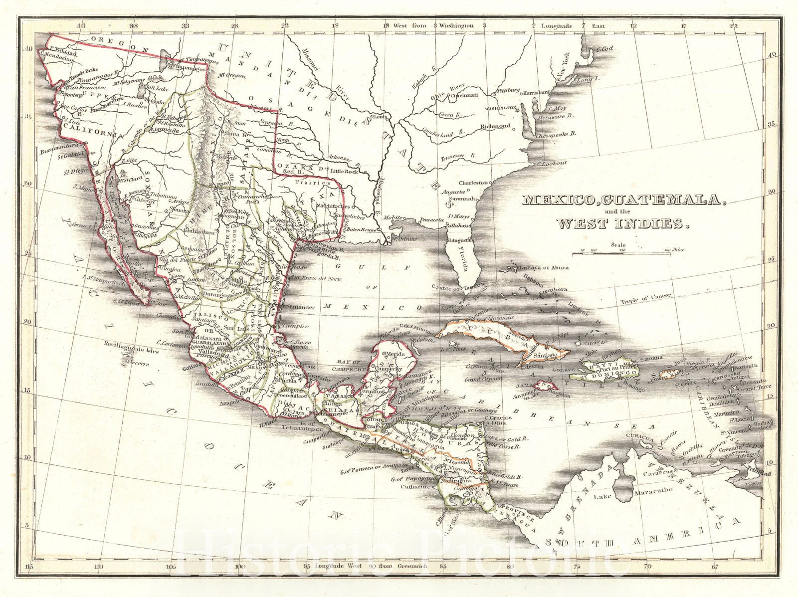 Historic Map : 1835 Mexico, Guatemala and the West Indies  : Vintage Wall Art