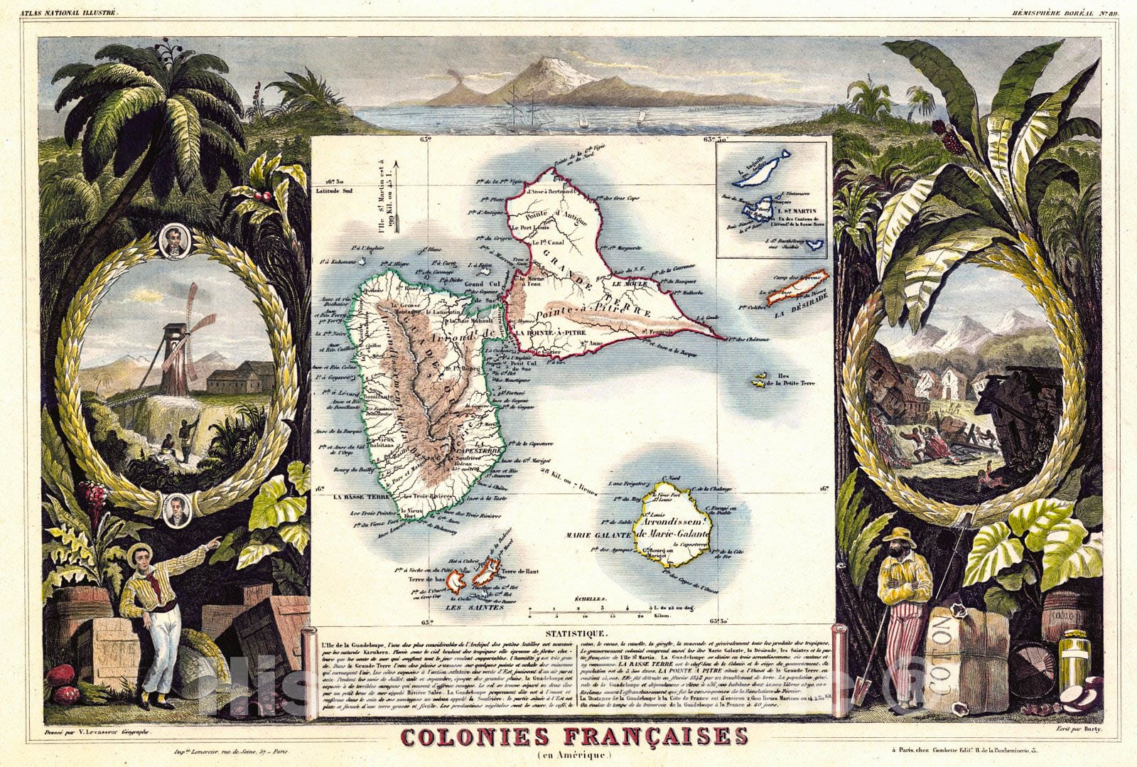 Historic Map : 1852 Colonies Francaises (L'lle de la Guadeloupe) : Vintage Wall Art